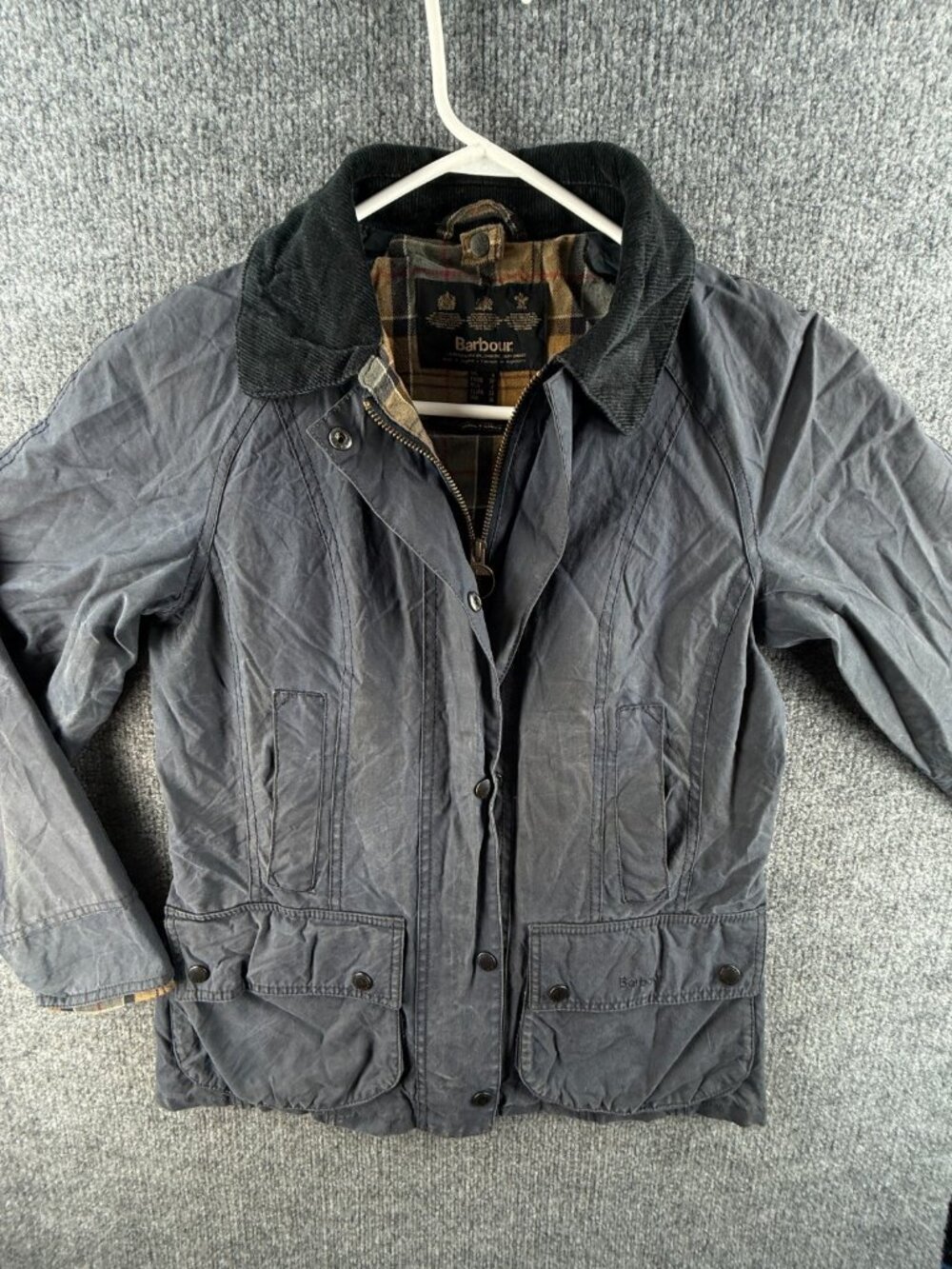 Barbour Beadnell Ladies Waxed Jacket Women Full Zip Blue Size US 2 Tartan Lined